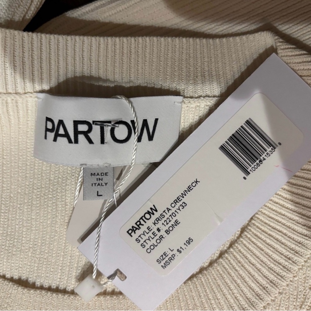 NWT Partow Krista Crew Sweater Cream White Long Sleeve Rib Top Italian Designer - Picture 3 of 7